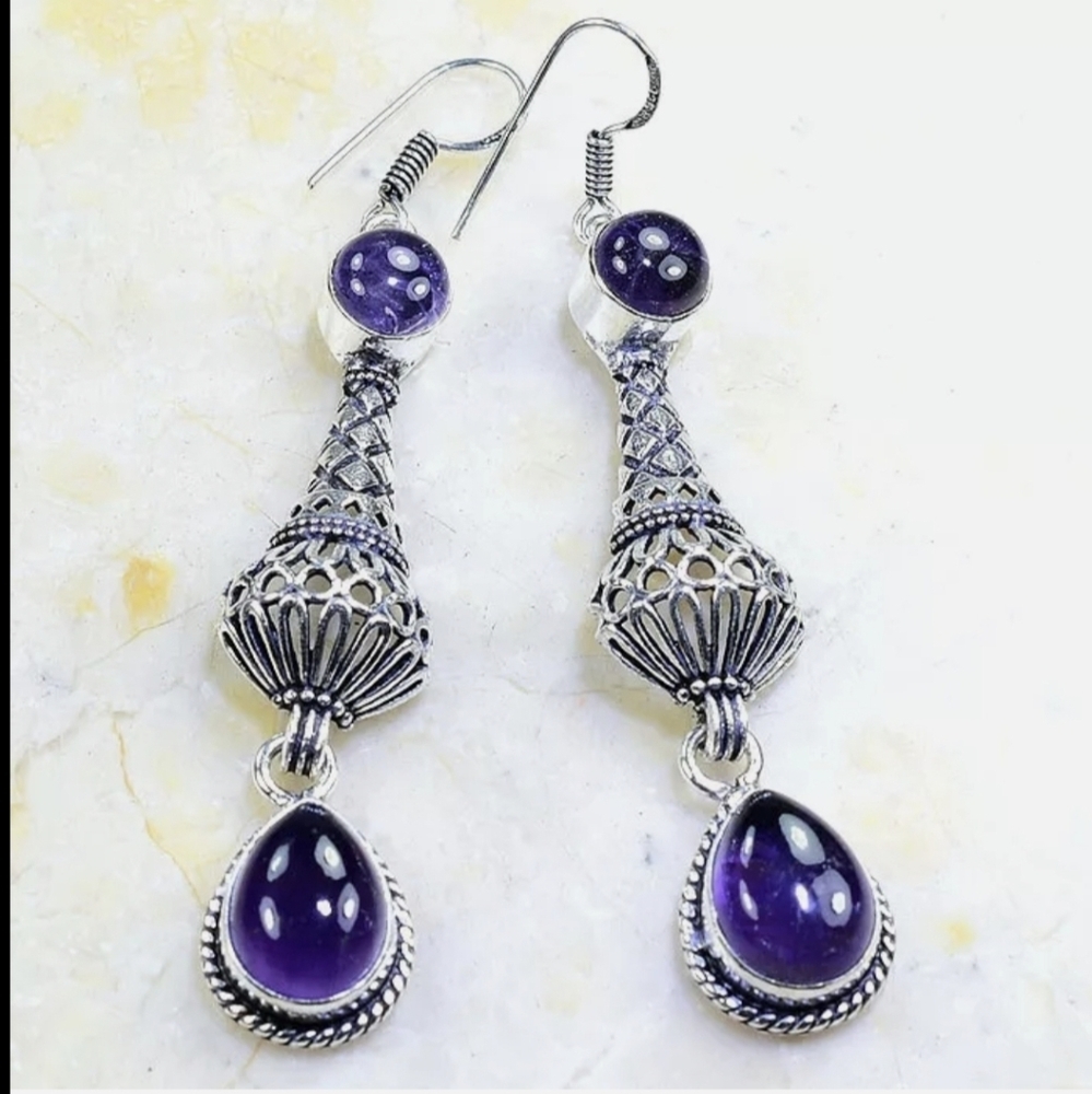 New Amethyst 925 Silver Dangle Statement Earrings.